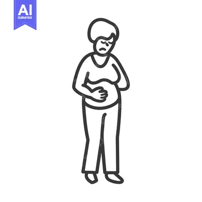 Aset desain premium: Line drawing of a woman holding her stomach in pain