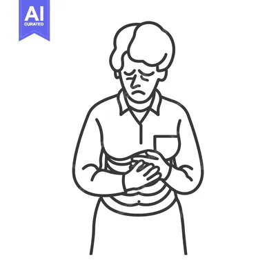 Line drawing of a woman holding her stomach in pain
