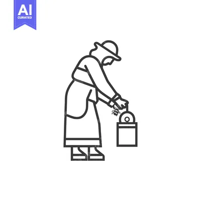 Aset desain premium: Line drawing of a woman in a long dress and hat placing a bee into a j