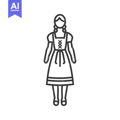 Aset desain premium: Line drawing of a woman in a traditional dirndl dress