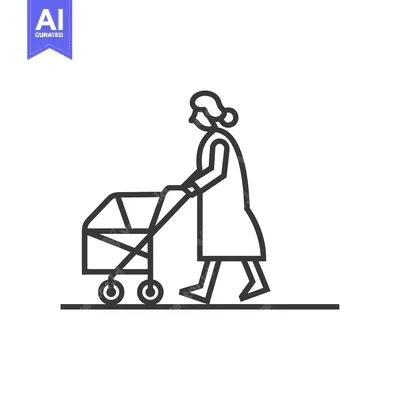 Aset desain premium: Line Drawing of a Woman Pushing a Stroller