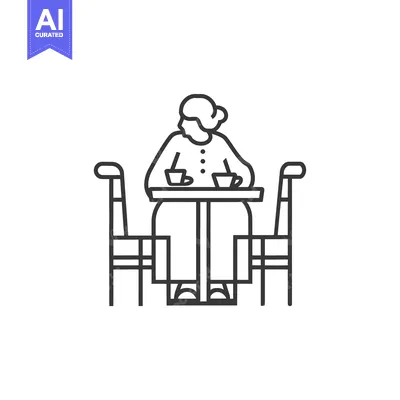 Aset premium populer: Line drawing of a woman sitting at a table with two cups