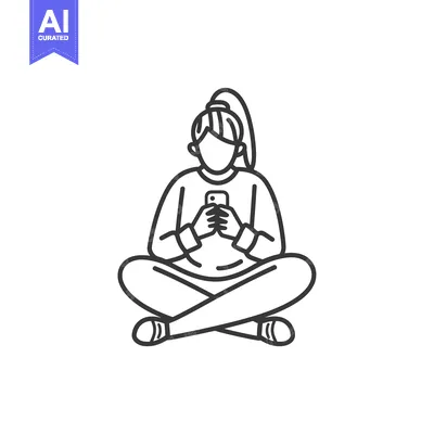 Aset premium populer: Line Drawing of a Woman Sitting with Her Legs Crossed, Holding a Smart