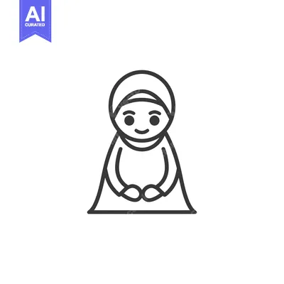 Aset desain premium: Line Drawing of a Woman Wearing a Headscarf Bowing