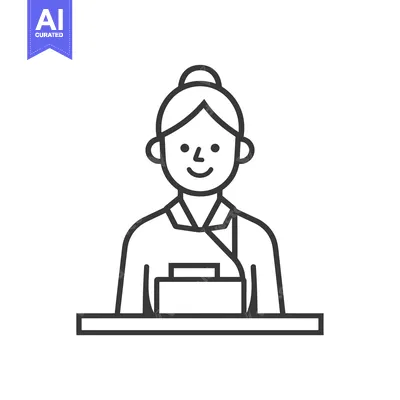 Popular premium asset: Line Drawing of a Woman with a Bun and a Happy Expression, Sitting Beh