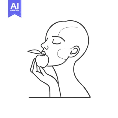 Aset desain premium: Line Drawing of a Woman with Closed Eyes Eating an Apple
