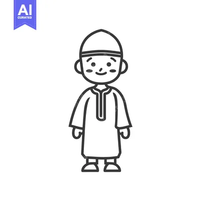 Line drawing of a young boy wearing traditional Islamic clothing