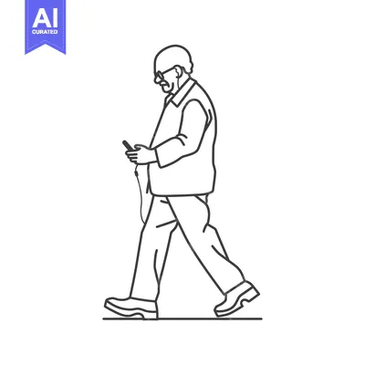 Popular premium asset: Line Drawing of Elderly Man Walking and Looking at Phone