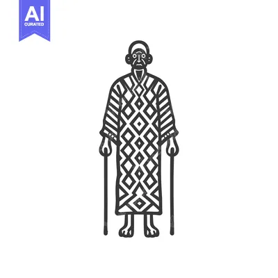 Premium design asset: Line Drawing of Elderly Man with Geometric Pattern Robe and Walking St