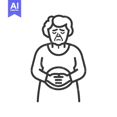 Premium design asset: Line Drawing of Elderly Woman with Hands on Stomach