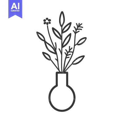 Aset desain premium: Line Drawing of Flower Bouquet in a Round Vase
