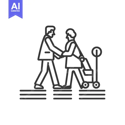 Aset desain premium: Line Drawing of Man Helping Senior Woman with Walker