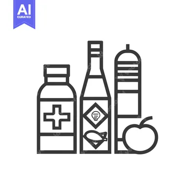 Aset desain premium: Line Drawing of Medicine Bottle, Oil Bottle, Water Bottle, and Apple