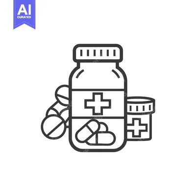Popular premium asset: Line Drawing of Medicine Bottle with Pills and Cross