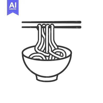 Aset desain premium: Line Drawing of Noodles in a Bowl with Chopsticks