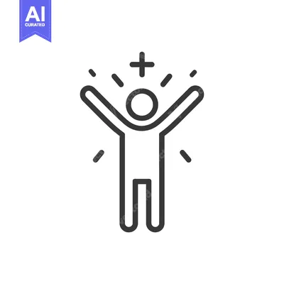 Aset desain premium: Line Drawing of Person with Arms Raised and Plus Sign Above Head