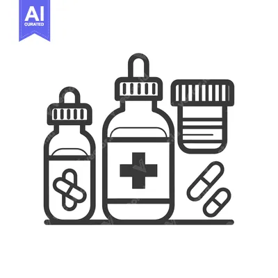 Aset desain premium: Line Drawing of Three Medicine Bottles and Two Pills