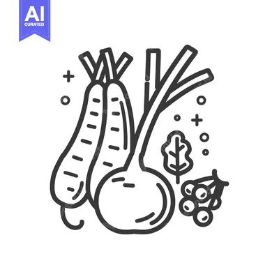 Aset desain premium: Line Drawing of Turnip, Carrots, Berries, and Leaf