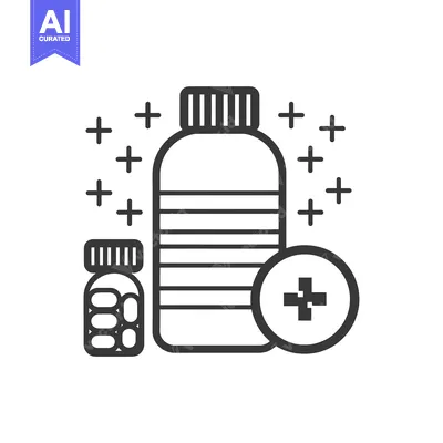 Aset desain premium: Line drawing of two medicine bottles with pills and a plus sign