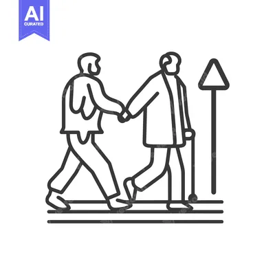 Aset desain premium: Line drawing of two people walking, one with a cane, and a triangle si