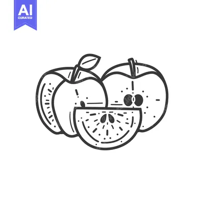 Aset premium populer: Line drawing of two whole apples and a slice of apple