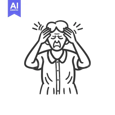 Aset premium populer: Line Drawing of Woman with Headache Holding Her Head