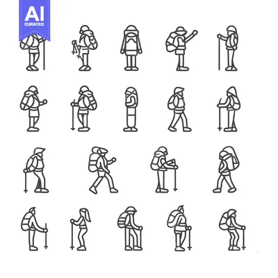 Popular premium asset: Line Drawings of Backpackers Hiking with Trekking Poles