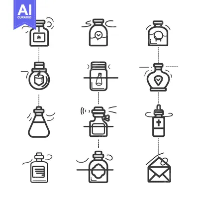 Aset desain premium: Line Drawings of Bottles and Jars with Various Objects Inside