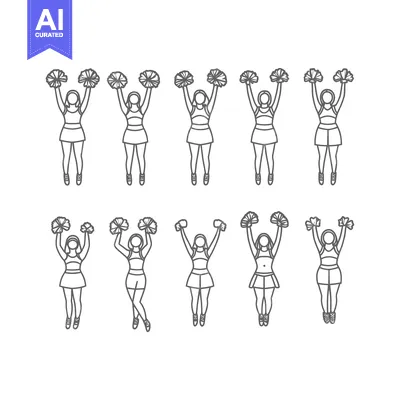 Premium design asset: Line Drawings of Cheerleaders with Pom Poms in Various Poses