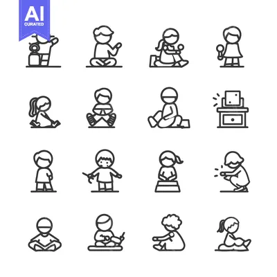 Aset premium populer: Line Drawings of Children Engaging in Various Activities