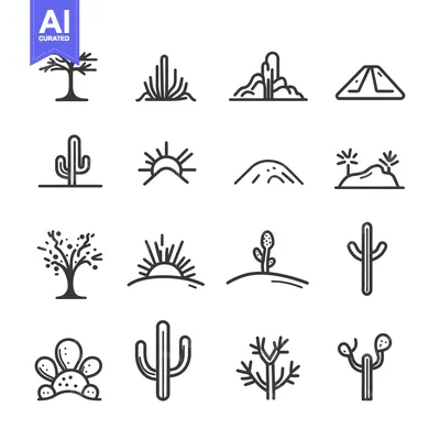 Aset premium populer: Line Drawings of Desert Plants and Landscapes