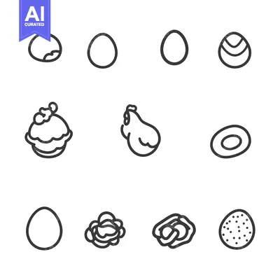Aset desain premium: Line Drawings of Eggs, a Chicken, and Related Food Items