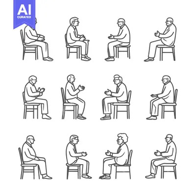 Aset desain premium: Line Drawings of Elderly People Sitting on Chairs in Different Poses