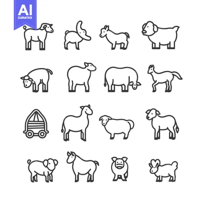Aset premium populer: Line Drawings of Farm Animals and a Wagon