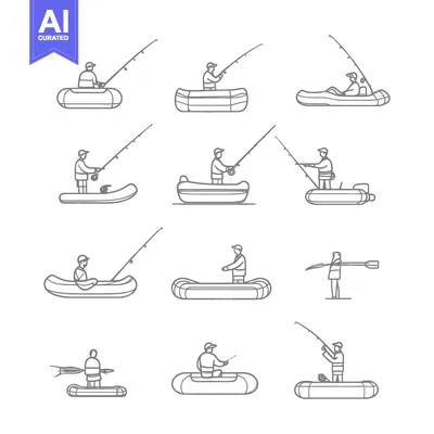 Aset desain premium: Line Drawings of Fishermen in Boats and on Water