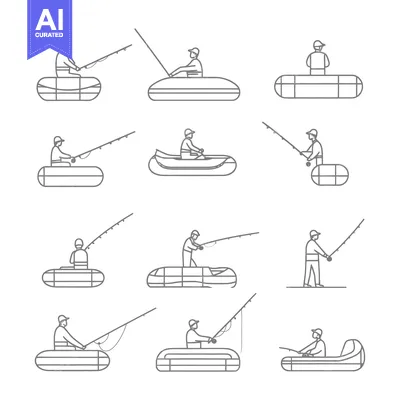 Aset premium populer: Line Drawings of Fishermen in Boats and Standing, Holding Fishing Rods