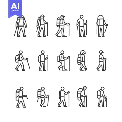 Premium design asset: Line Drawings of Hikers with Backpacks and Sticks
