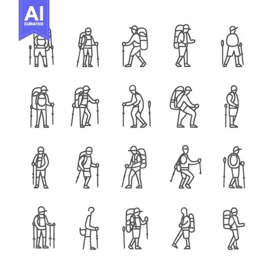 Premium design asset: Line Drawings of Hikers with Backpacks and Trekking Poles