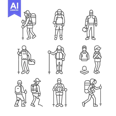 Premium design asset: Line Drawings of Hikers with Backpacks and Trekking Poles