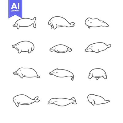 Line Drawings of Manatees and Dolphins in Different Positions