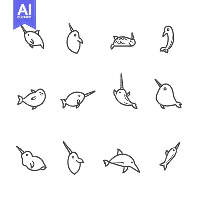 Aset premium populer: Line Drawings of Narwhals, Dolphins, and Fish