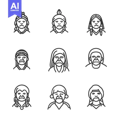 Premium design asset: Line Drawings of Native American Individuals with Various Headwear and