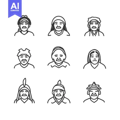Aset premium populer: Line Drawings of Nine Elderly People Wearing Hats