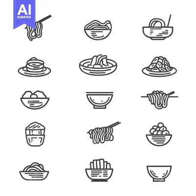 Aset premium populer: Line Drawings of Noodle Bowls and Noodles with Chopsticks