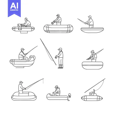Aset desain premium: Line Drawings of People Fishing in Boats