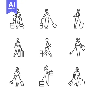 Premium design asset: Line Drawings of People Holding Cleaning Tools