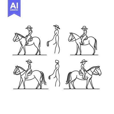 Line Drawings of People Riding Horses and Leading Horses