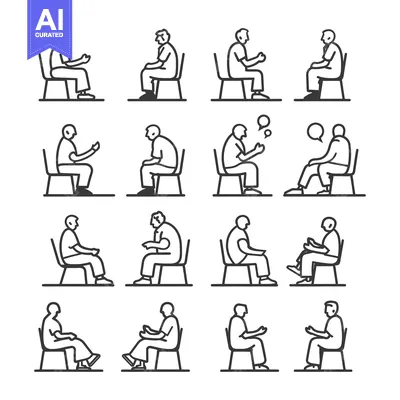 Aset premium populer: Line Drawings of People Sitting in Chairs with Various Poses
