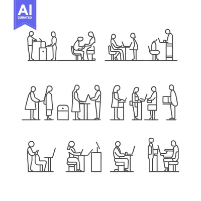 Aset premium populer: Line Drawings of People Working at Desks and Presenting