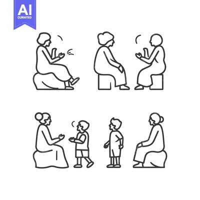 Aset premium populer: Line Drawings of Seniors and Children Interacting